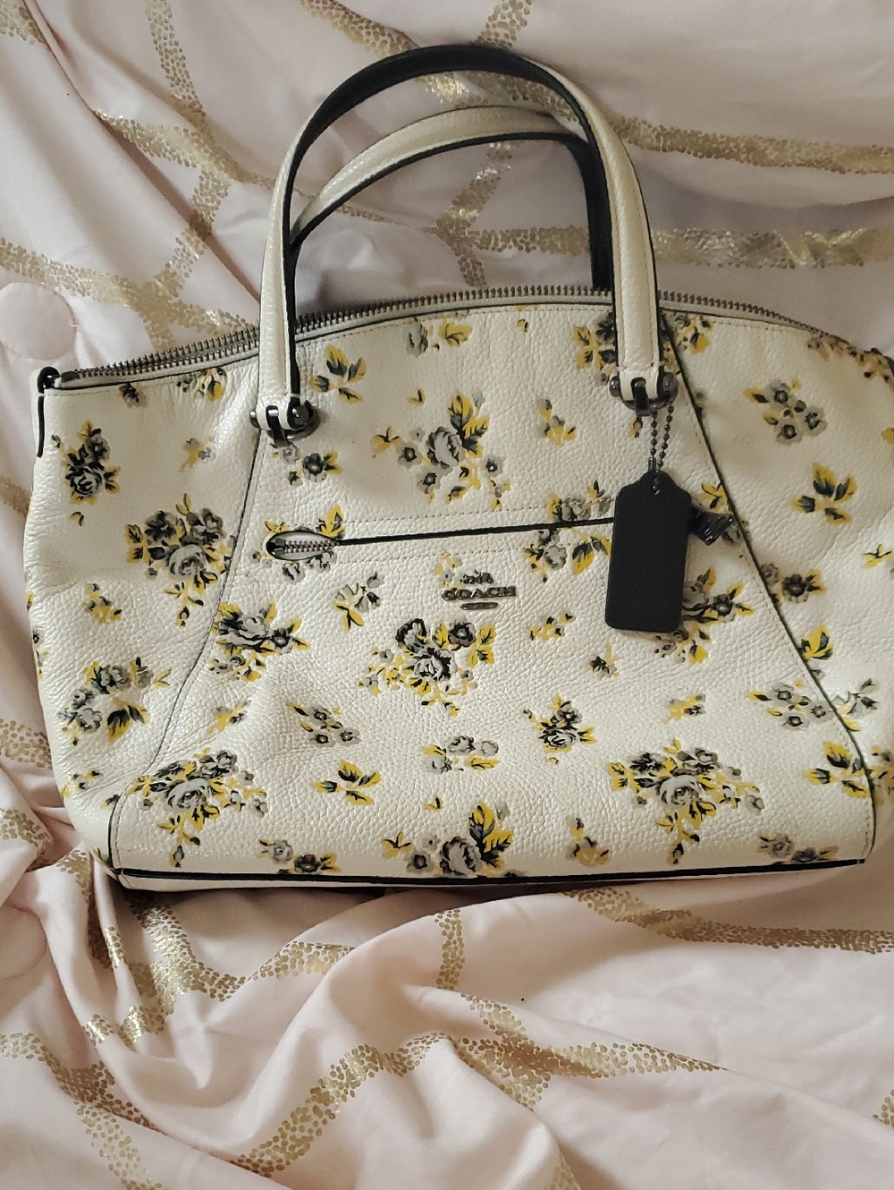 Coach Floral Pebble Leather Satchel in Ivory, Yellow and Black